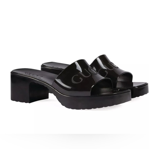 Gucci Rubber Black Logo Platform Slides - Picture 1 of 5